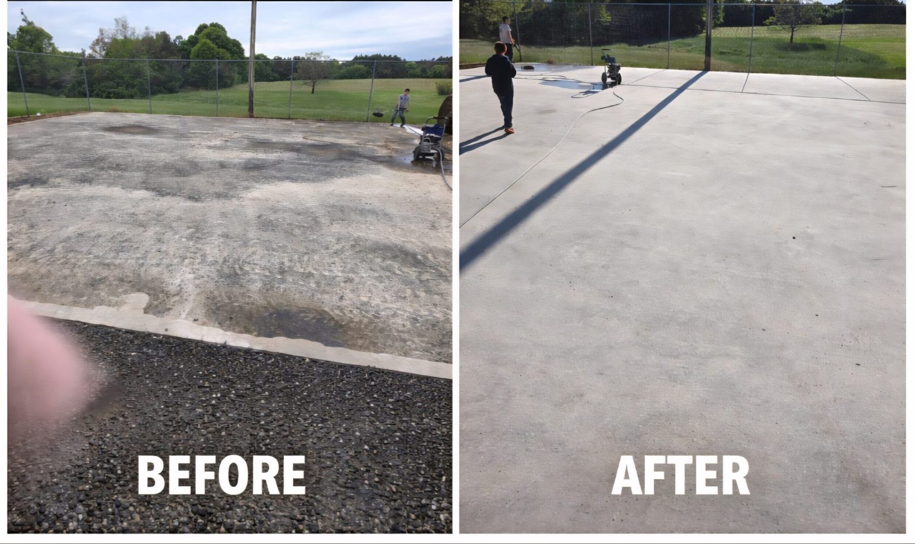 Side-by-side before and after of a large concrete pad: dark stains and embedded grime on the left, bright uniform clean concrete on the right